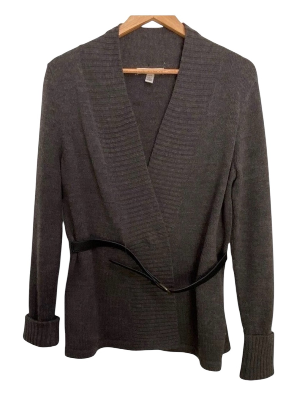 Susan Bristol cardigan 50% merino wool charcoal grey belted long sleeves V smal